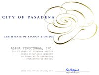 Pasadena Certification of Recognition for Alpha Structural