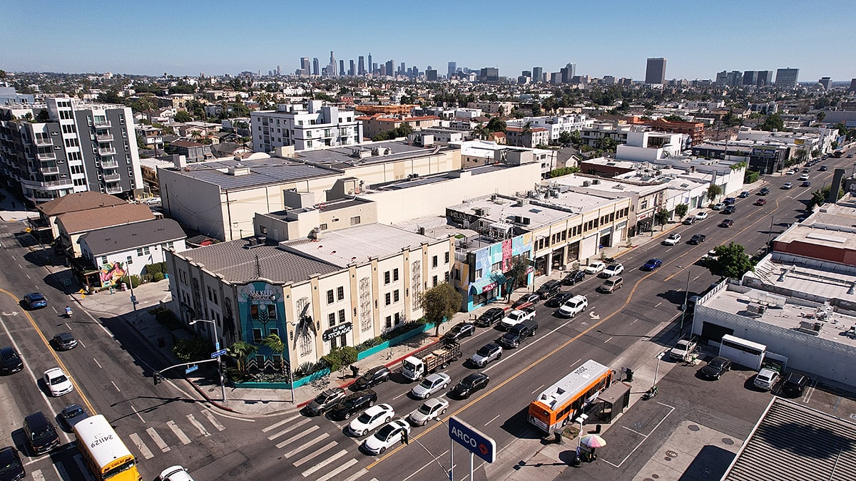 Aerial view of urban Los Angeles neighborhood.
