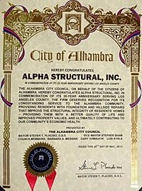 Certificate of congratulations for Alpha Structural, Inc.