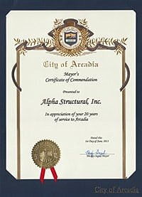 Certificate of commendation for Alpha Structural, Inc.