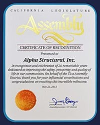 Certificate of recognition for Alpha Structural, Inc.