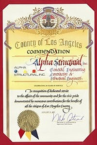 Los Angeles County commendation certificate for Alpha Structural.