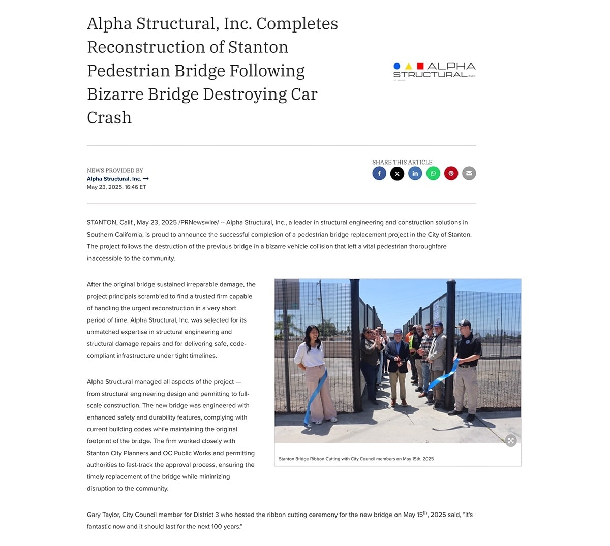 Alpha Structural, Inc Featured in The Washington Post