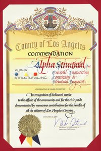 Alpha Structural's LA County Commendation