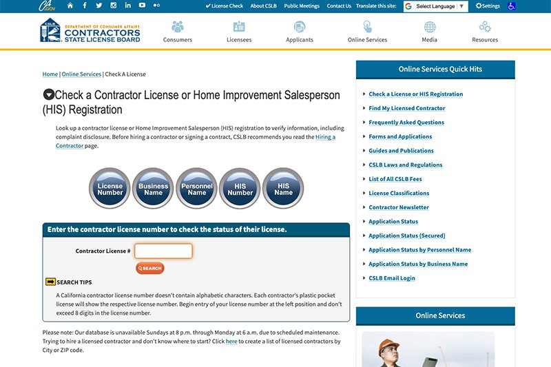 How to check your your contractor’s license number on the Contractor’s State License Board