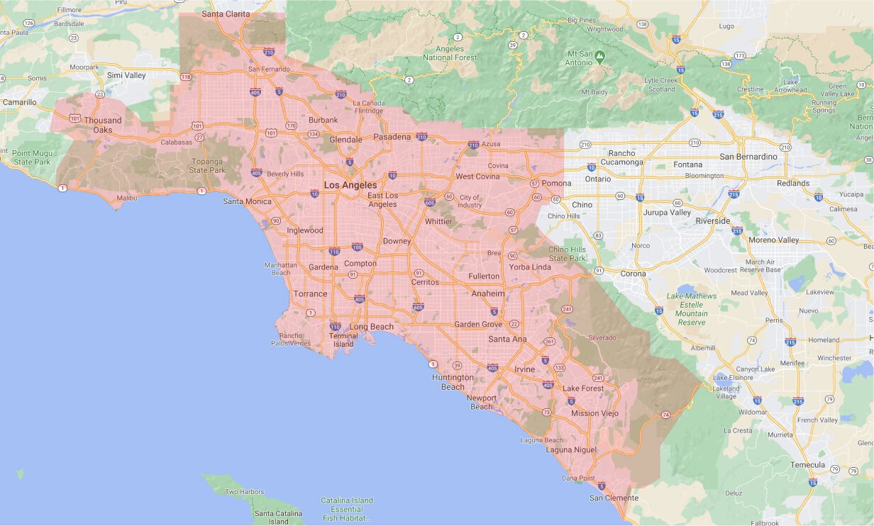 Foundation repair Los Angeles map of service areas.